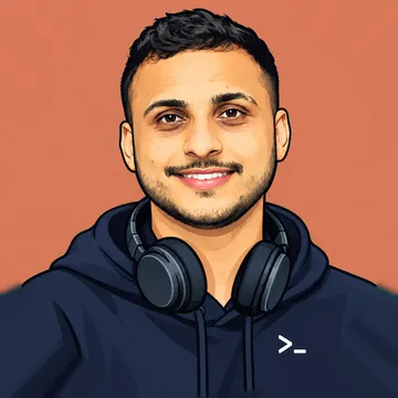Illustrated portrait of Ramesh Gaire: smiling, wearing a navy hoodie with a terminal prompt symbol and headphones around his neck, on an amber background.
